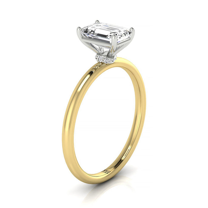 14ky Emerald Solitaire Engagement Ring With Lower Hidden Halo Curved With 8 Prong Set Round Diamonds