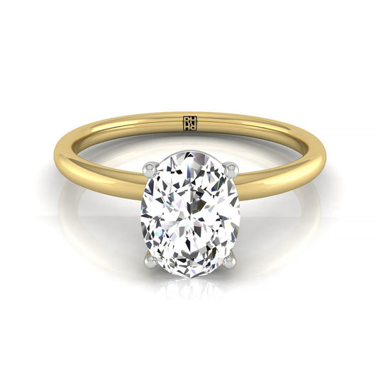 18ky Oval Solitaire Engagement Ring With Lower Hidden Halo Curved With 8 Prong Set Round Diamonds