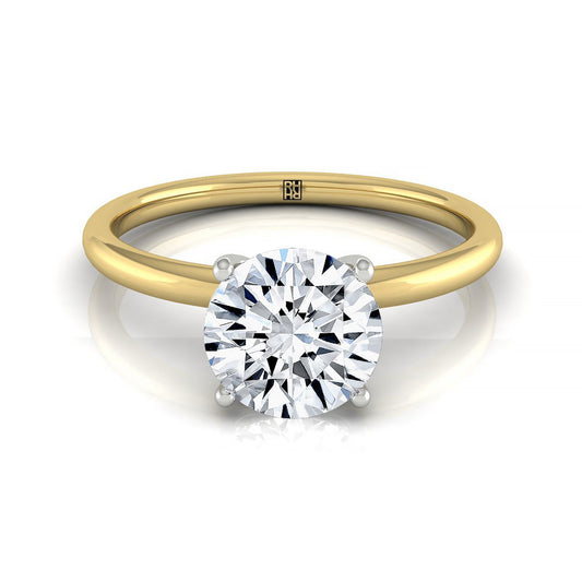 18ky Round Solitaire Engagement Ring With Lower Hidden Halo Curved With 8 Prong Set Round Diamonds