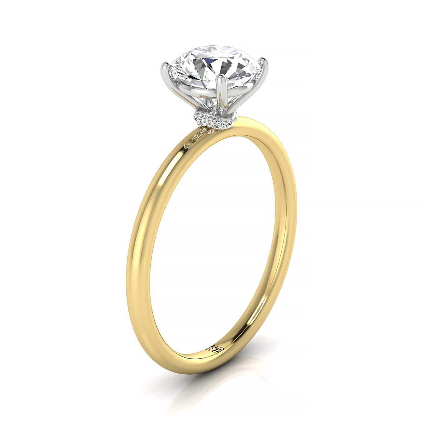 18ky Round Solitaire Engagement Ring With Lower Hidden Halo Curved With 8 Prong Set Round Diamonds