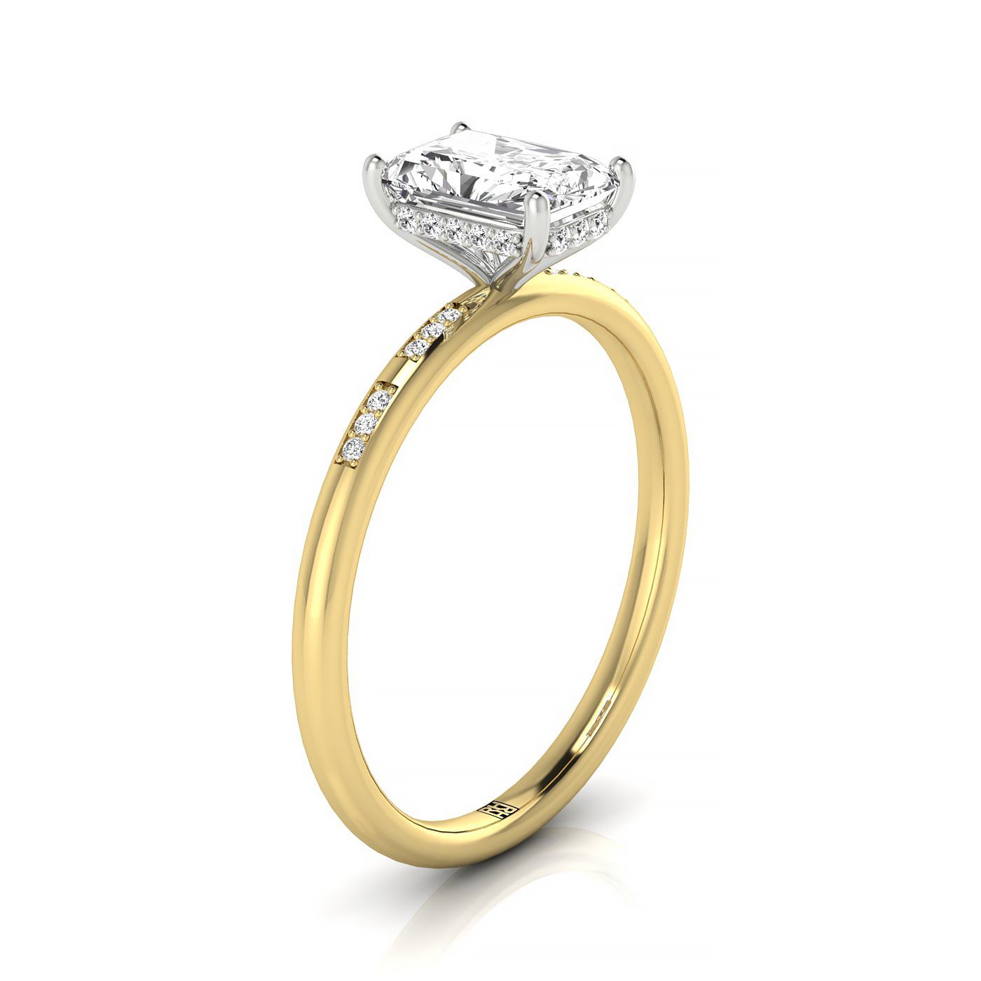 18ky Radiant Engagement Ring With High Hidden Halo With 36 Prong Set Round Diamonds