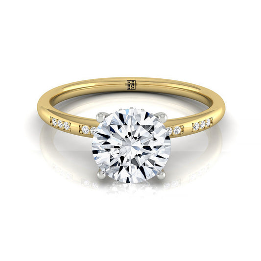 14ky Round Engagement Ring With High Hidden Halo With 26 Prong Set Round Diamonds