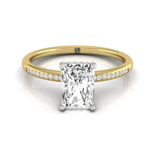 18ky Radiant Engagement Ring With High Hidden Halo With 42 Prong Set Round Diamonds
