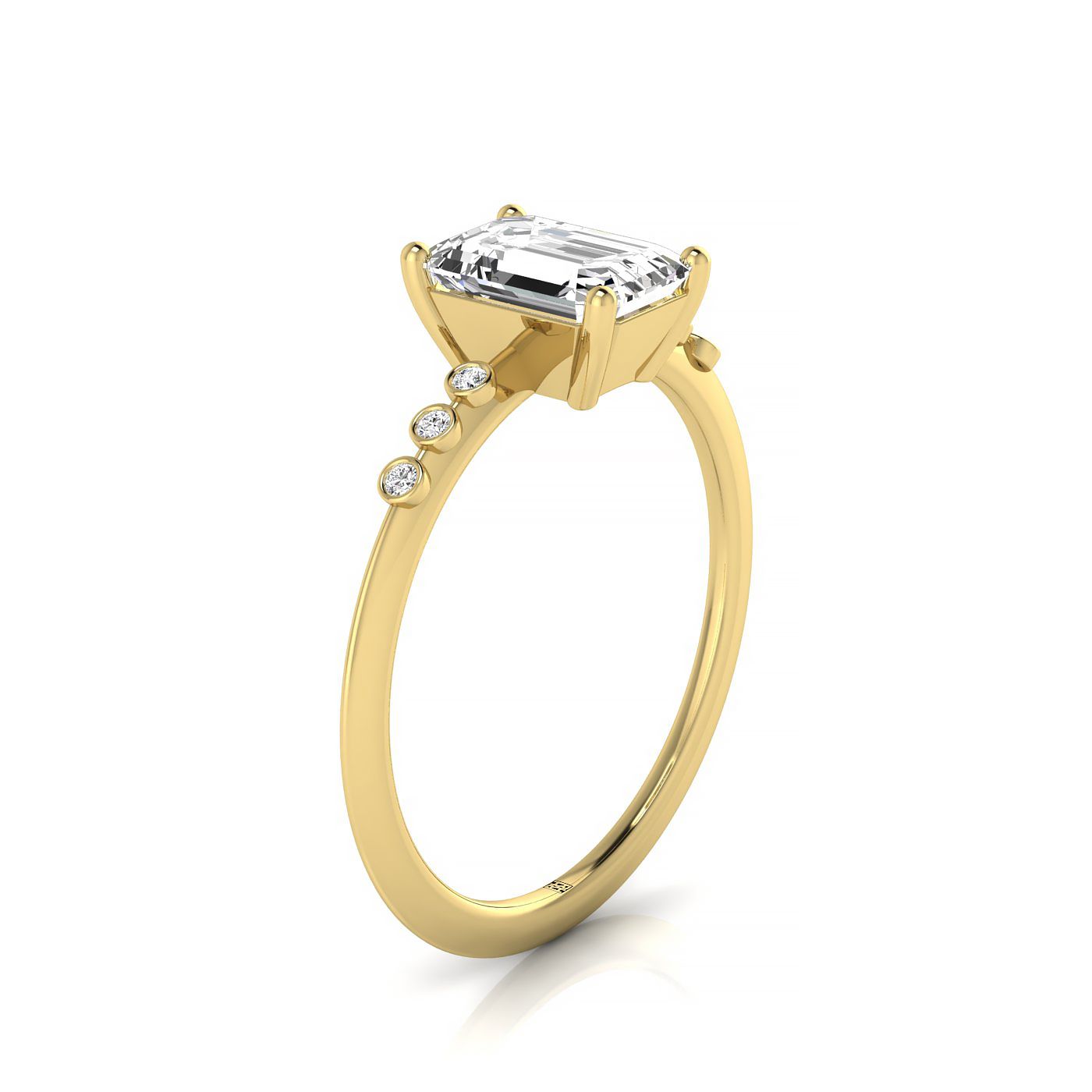 14ky Emerald Engagement Ring With 6 Bezel Set Round Diamonds On Shank