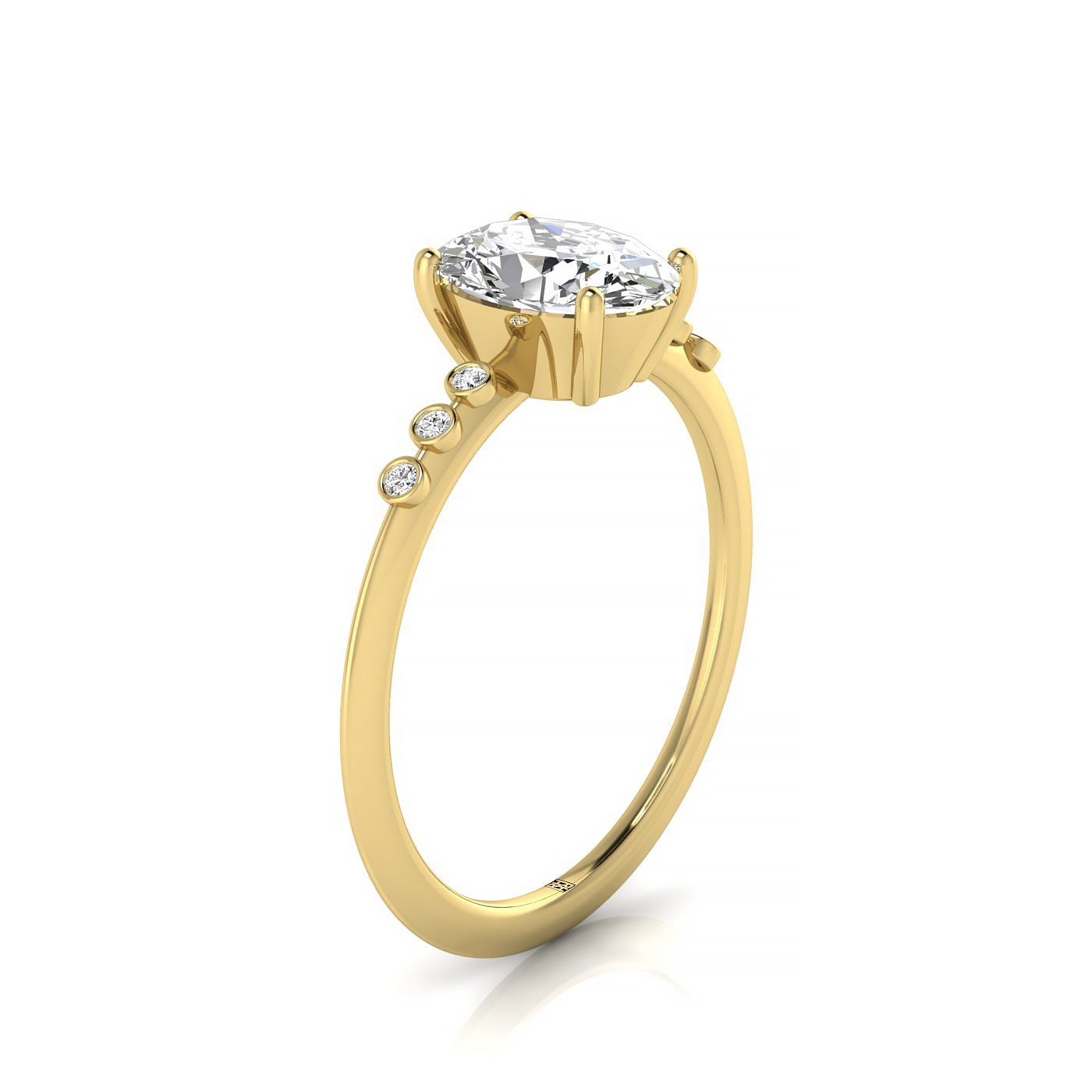 18ky Oval Engagement Ring With 6 Bezel Set Round Diamonds On Shank