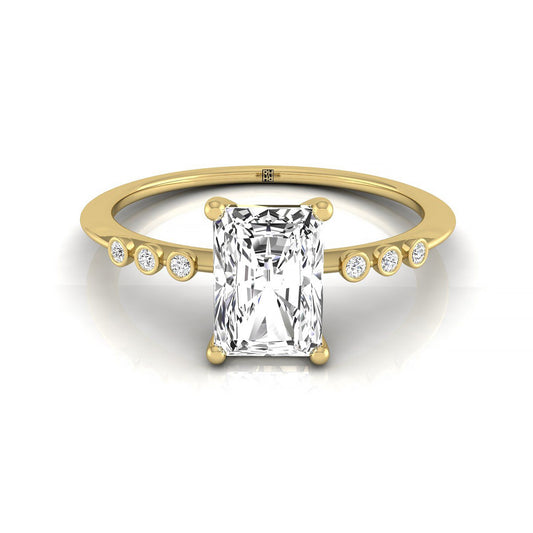 14ky Radiant Engagement Ring With 6 Bezel Set Round Diamonds On Shank