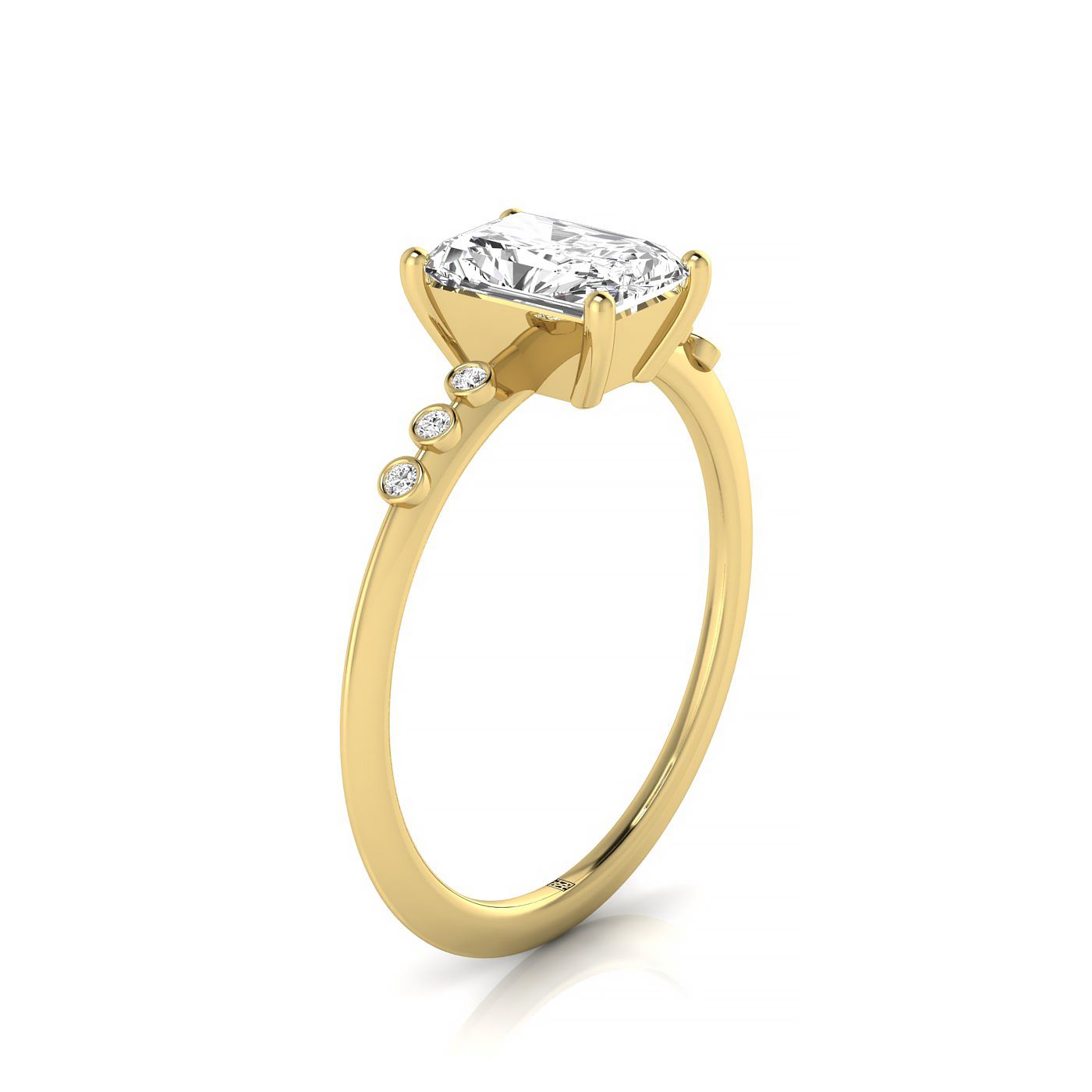 14ky Radiant Engagement Ring With 6 Bezel Set Round Diamonds On Shank