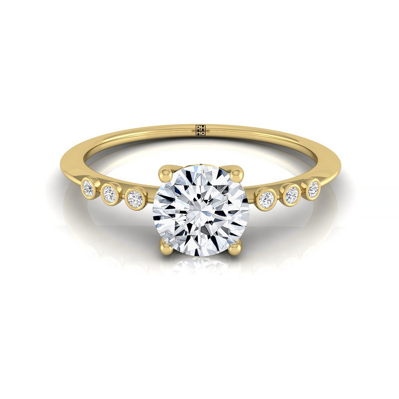 14ky Round Engagement Ring With 6 Bezel Set Round Diamonds On Shank