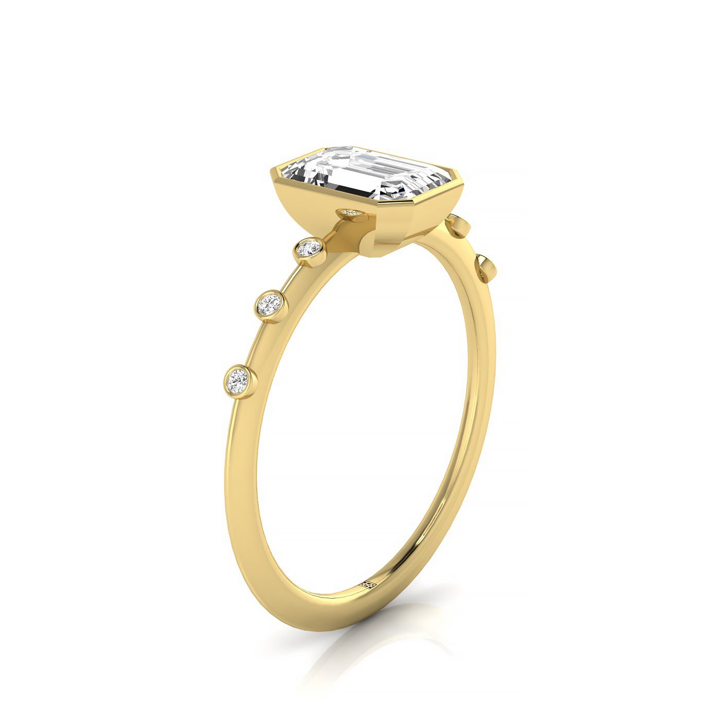 14ky Bezel Set Emerald Engagement Ring With 6 Bezel Set Round Diamonds On Shank