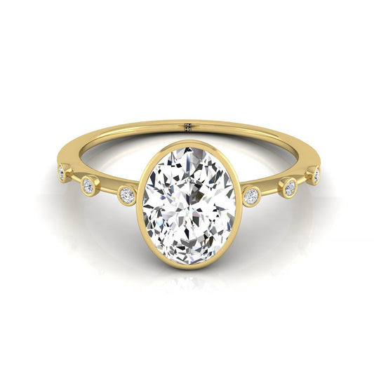 18ky Bezel Set Oval Engagement Ring With 6 Bezel Set Round Diamonds On Shank