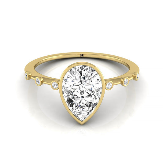 18ky Bezel Set Pear Engagement Ring With 6 Bezel Set Round Diamonds On Shank