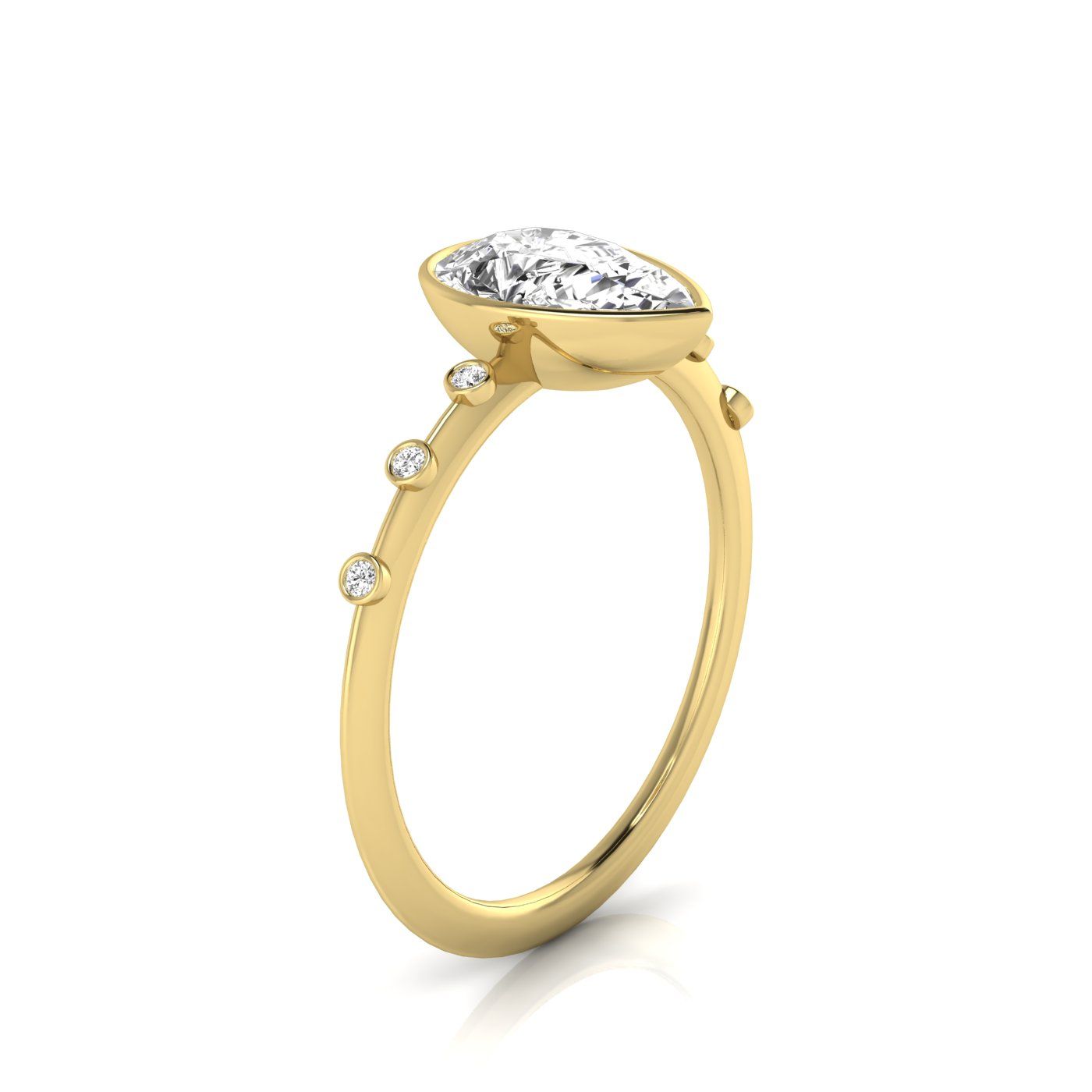 14ky Bezel Set Pear Engagement Ring With 6 Bezel Set Round Diamonds On Shank