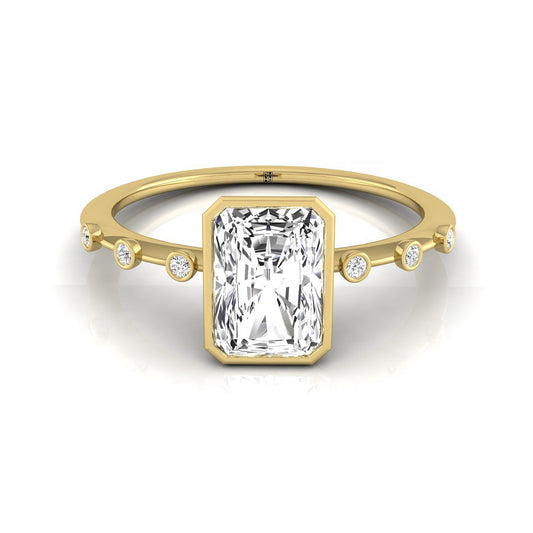 14ky Bezel Set Radiant Engagement Ring With 6 Bezel Set Round Diamonds On Shank