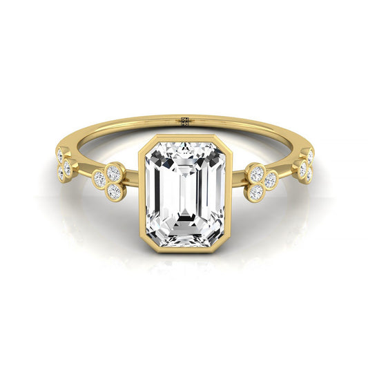 18ky Bezel Set Emerald Engagement Ring With 12 Clover Bezel Set Round Diamonds On Shank