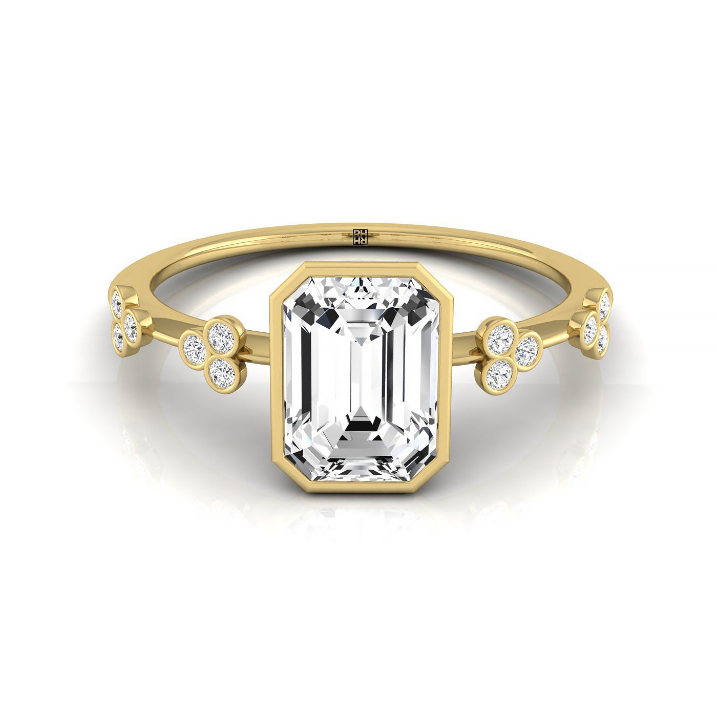 14ky Bezel Set Emerald Engagement Ring With 12 Clover Bezel Set Round Diamonds On Shank