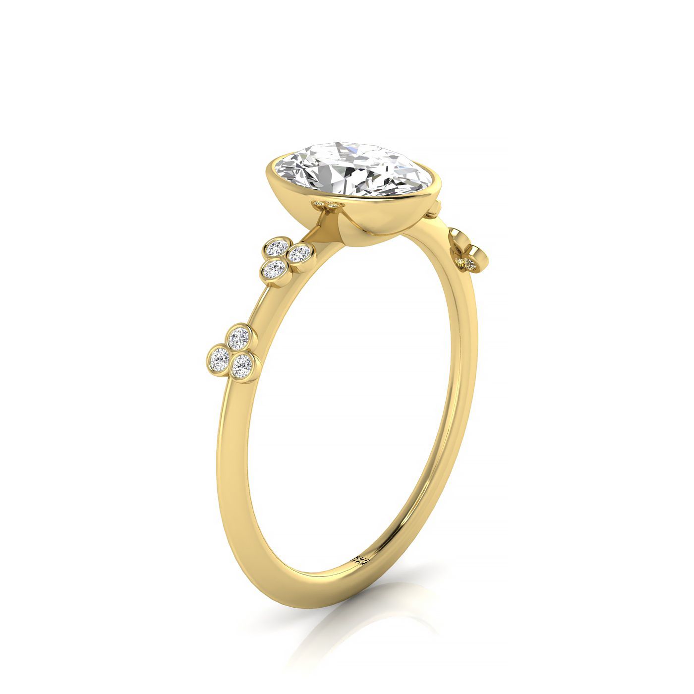 18ky Bezel Set Oval Engagement Ring With 12 Clover Bezel Set Round Diamonds On Shank