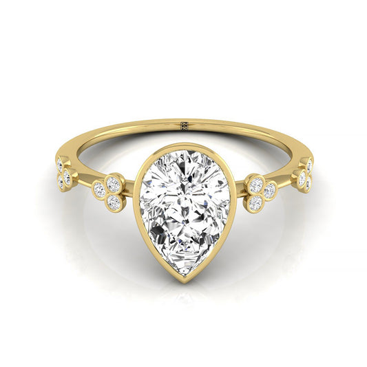 18ky Bezel Set Pear Engagement Ring With 12 Clover Bezel Set Round Diamonds On Shank