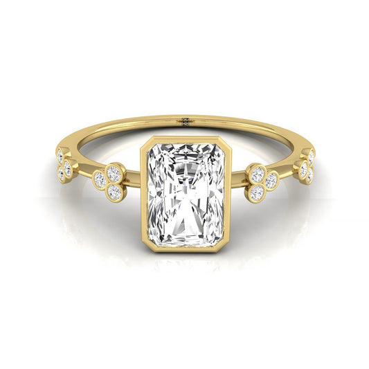 18ky Bezel Set Radiant Engagement Ring With 12 Clover Bezel Set Round Diamonds On Shank