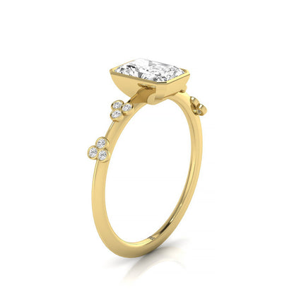 14ky Bezel Set Radiant Engagement Ring With 12 Clover Bezel Set Round Diamonds On Shank
