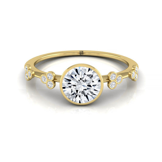 14ky Bezel Set Round Engagement Ring With 12 Clover Bezel Set Round Diamonds On Shank