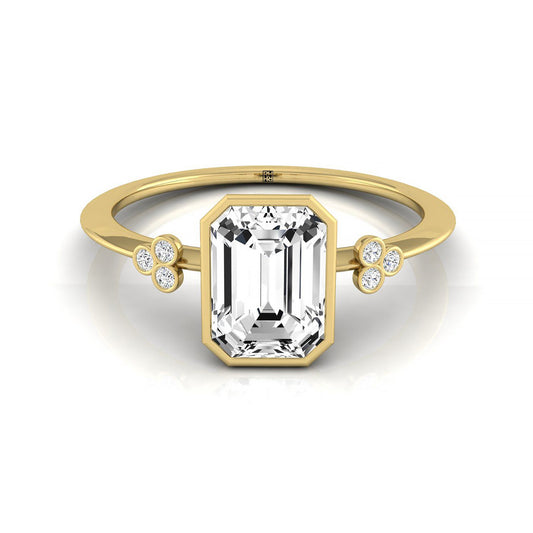 18ky Bezel Set Emerald Engagement Ring With 6 Clover Bezel Set Round Diamonds On Shank