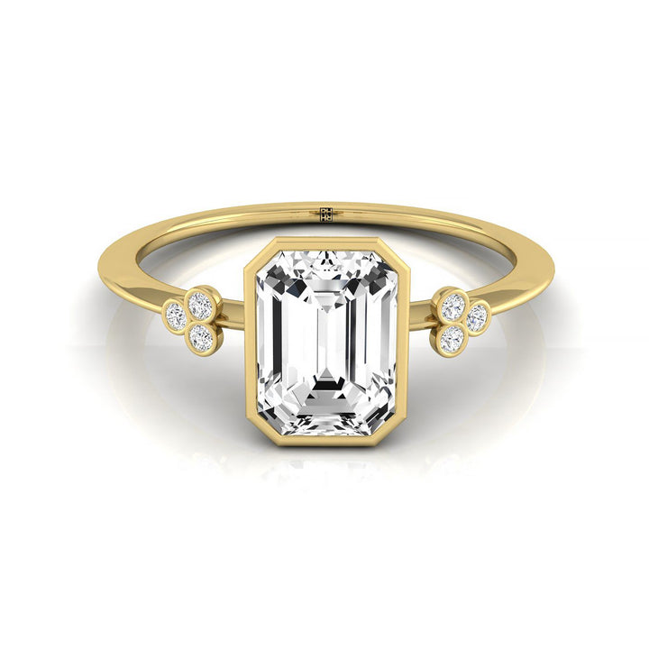 Emerald Cut, Clover Bezel Accent Solitaire Emerald, in 18K Yellow Gold – front view | RockHer