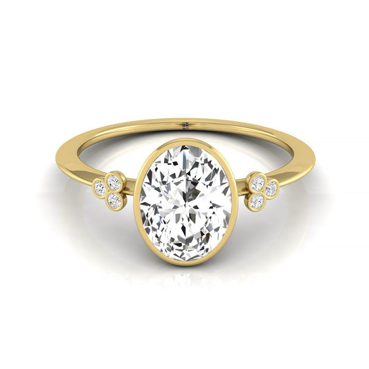 18ky Bezel Set Oval Engagement Ring With 6 Clover Bezel Set Round Diamonds On Shank