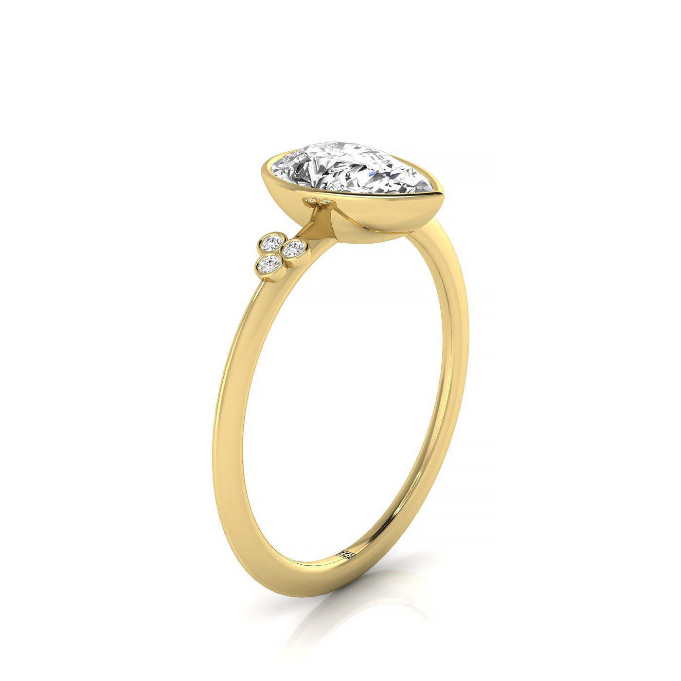 18ky Bezel Set Pear Engagement Ring With 6 Clover Bezel Set Round Diamonds On Shank