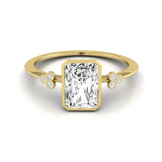 18ky Bezel Set Radiant Engagement Ring With 6 Clover Bezel Set Round Diamonds On Shank