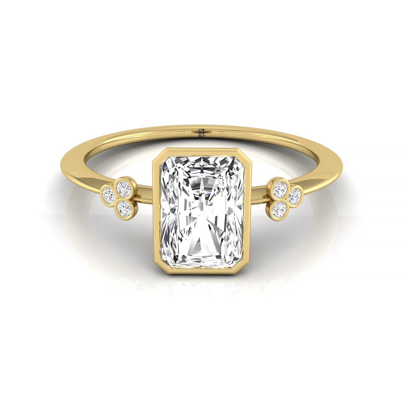 14ky Bezel Set Radiant Engagement Ring With 6 Clover Bezel Set Round Diamonds On Shank