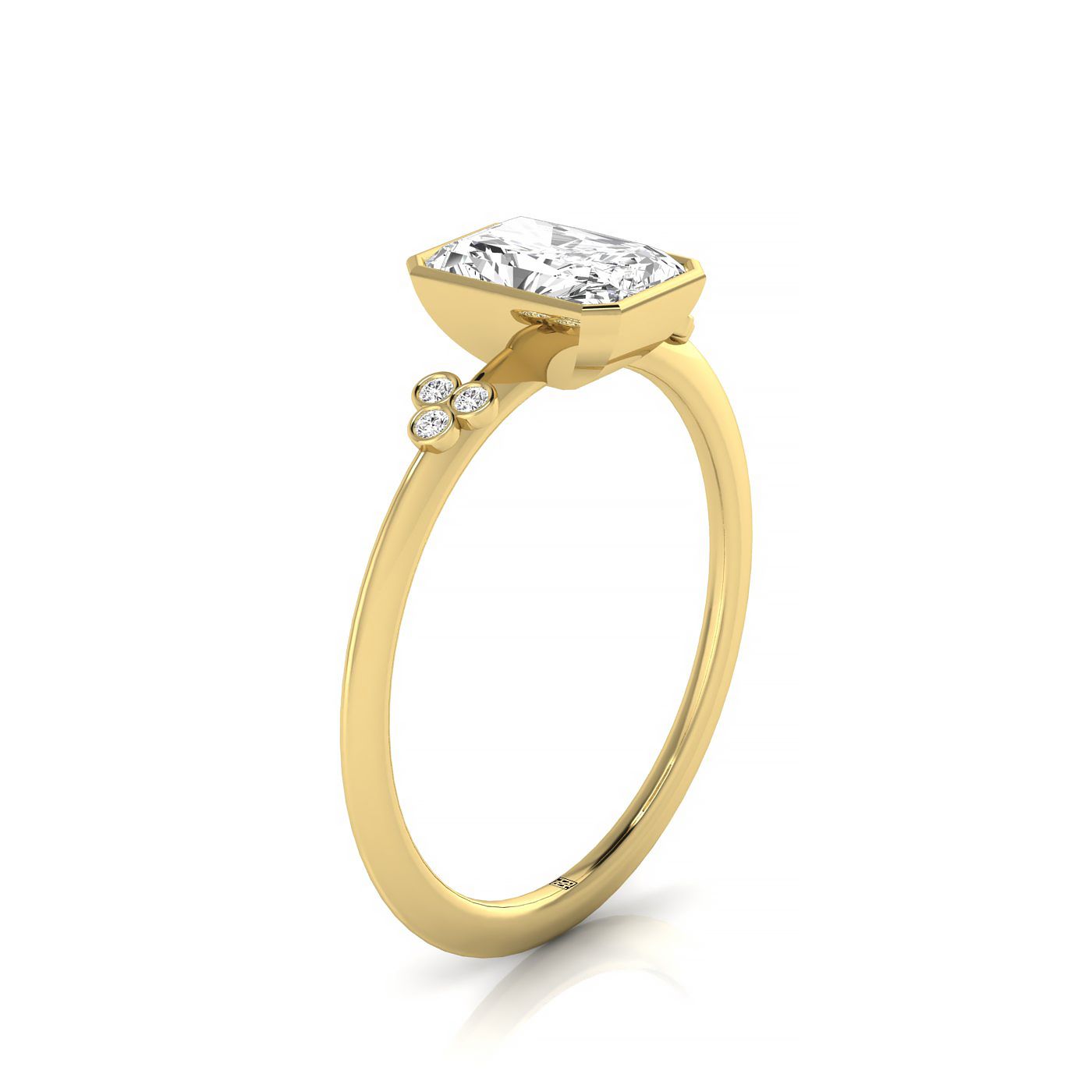 14ky Bezel Set Radiant Engagement Ring With 6 Clover Bezel Set Round Diamonds On Shank