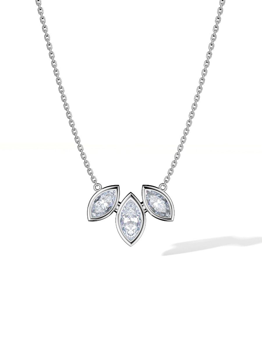 ROCKHER.925 Sterling Silver Three Marquise White Cubic Zirconia Bezel Set Pendant Necklace on 18" Chain | RockHer