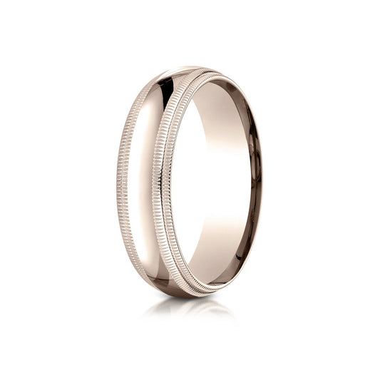 14k Rose Gold 6mm Slightly Domed Standard Comfort-fit Ring With Double Milgrain