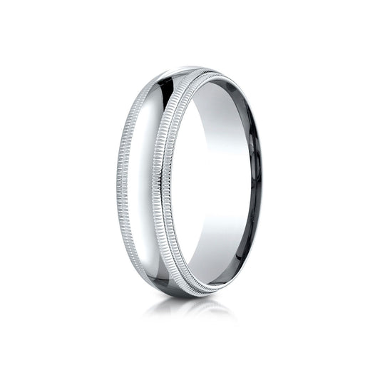 18k White Gold 6mm Slightly Domed Standard Comfort-fit Ring With Double Milgrain