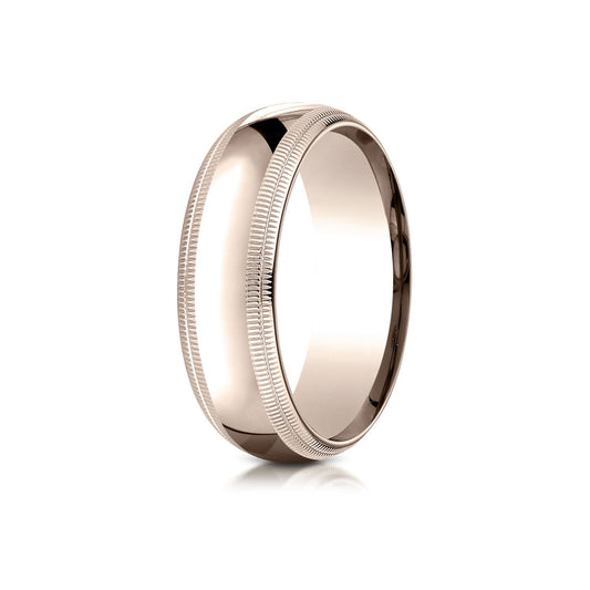 14k Rose Gold 7mm Slightly Domed Standard Comfort-fit Ring With Double Milgrain