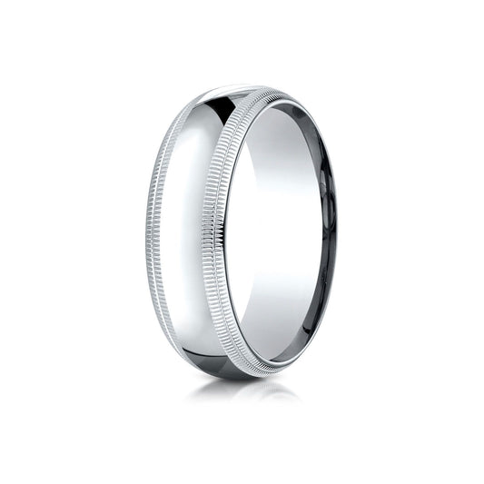 18k White Gold 7mm Slightly Domed Standard Comfort-fit Ring With Double Milgrain