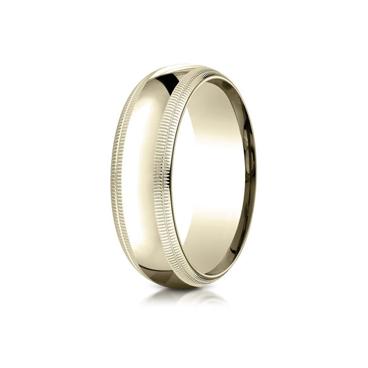 14k Yellow Gold 7mm Slightly Domed Standard Comfort-fit Ring With Double Milgrain