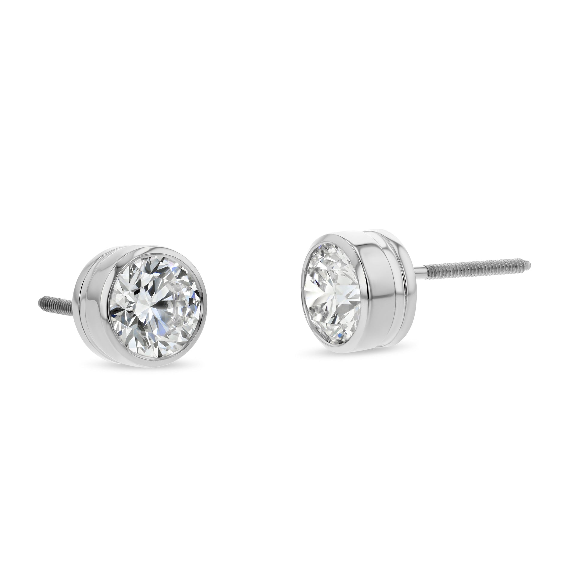 18k White Gold Bezel Set Round Brilliant Diamond Stud Earrings (1.48 C –