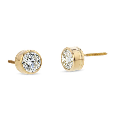 18k Yellow Gold Bezel Round Diamond Stud Earrings 1ctw (5.2mm Ea), G Color, Si3 Clarity