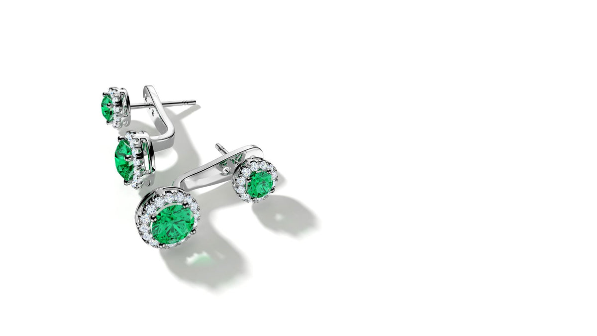 ROCKHER.925 Sterling Silver Double Halo Prong Set Created Green Emerald and White Cubic Zirconia Adjustable Pierced Earrin...