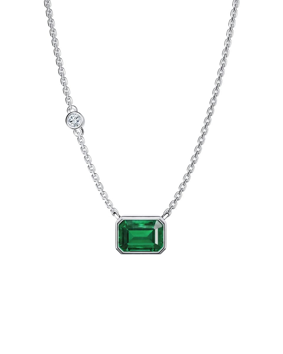 ROCKHER .925 Sterling Silver Emerald Cut Created Green Emerald and Round Cut White Cubic Zirconia Bezel Set Pendant Necklace on 18" Chain