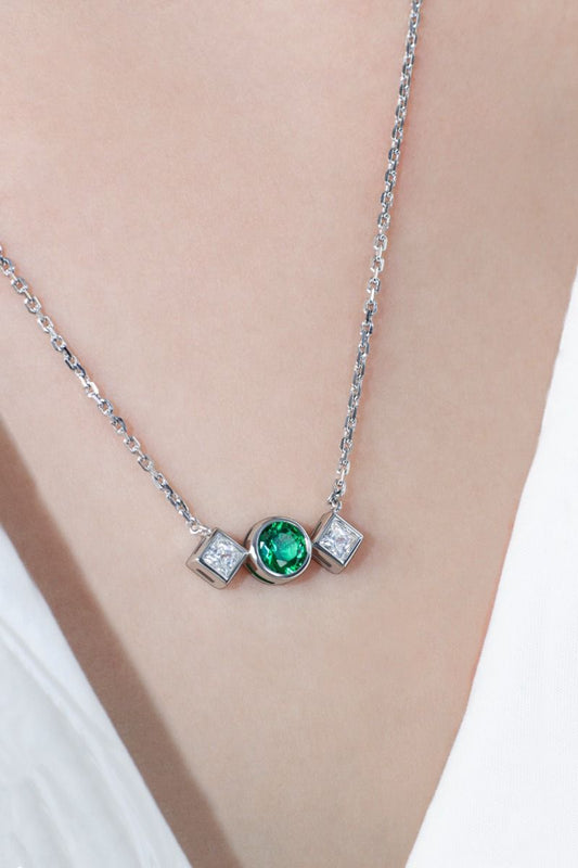 ROCKHER .925 Sterling Silver Round Created Emerald and Princess Cut White Cubic Zirconia Bezel Set Pendant Necklace on 18" Chain