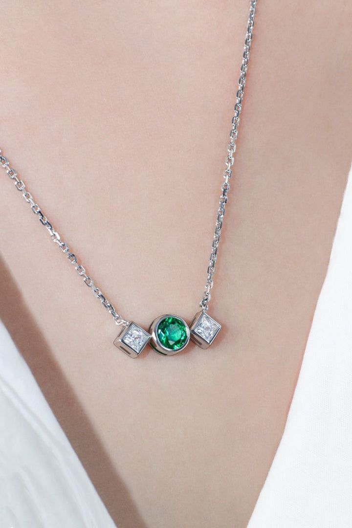 ROCKHER .925 Sterling Silver Round Created Emerald and Princess Cut White Cubic Zirconia Bezel Set Pendant Necklace on 18" Chain | RockHer