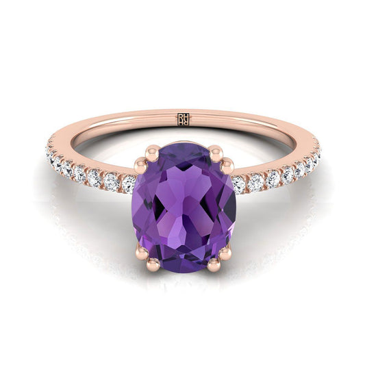 14K Rose Gold Oval Amethyst Simple French Pave Double Claw Prong Diamond Engagement Ring -1/6ctw