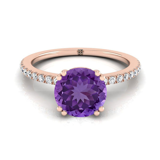 14K Rose Gold Round Brilliant Amethyst Simple French Pave Double Claw Prong Diamond Engagement Ring -1/6ctw