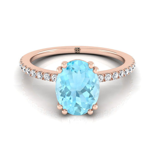 14K Rose Gold Oval Aquamarine Simple French Pave Double Claw Prong Diamond Engagement Ring -1/6ctw