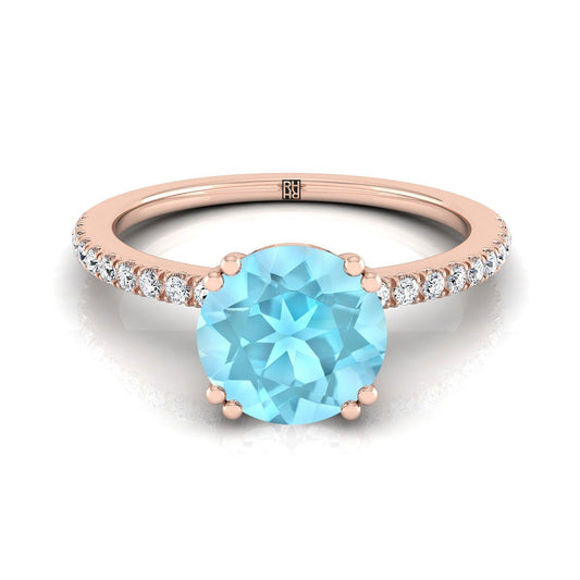14K Rose Gold Round Brilliant Aquamarine Simple French Pave Double Claw Prong Diamond Engagement Ring -1/6ctw