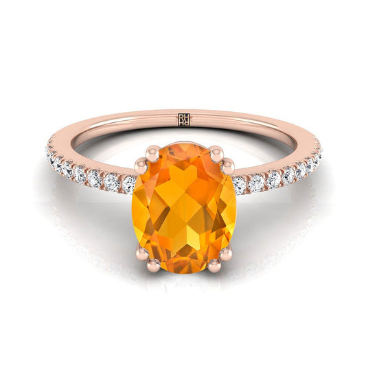 14K Rose Gold Oval Citrine Simple French Pave Double Claw Prong Diamond Engagement Ring -1/6ctw