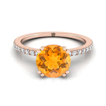 14K Rose Gold Round Brilliant Citrine Simple French Pave Double Claw Prong Diamond Engagement Ring -1/6ctw