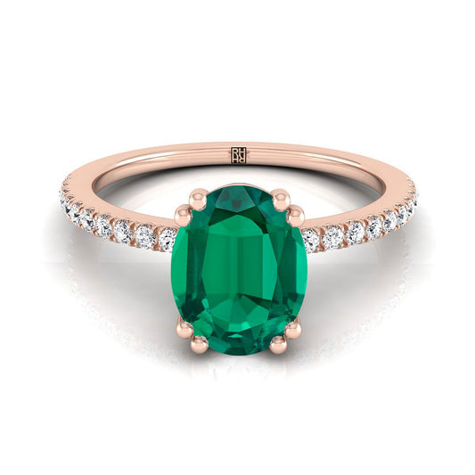14K Rose Gold Oval Emerald Simple French Pave Double Claw Prong Diamond Engagement Ring -1/6ctw